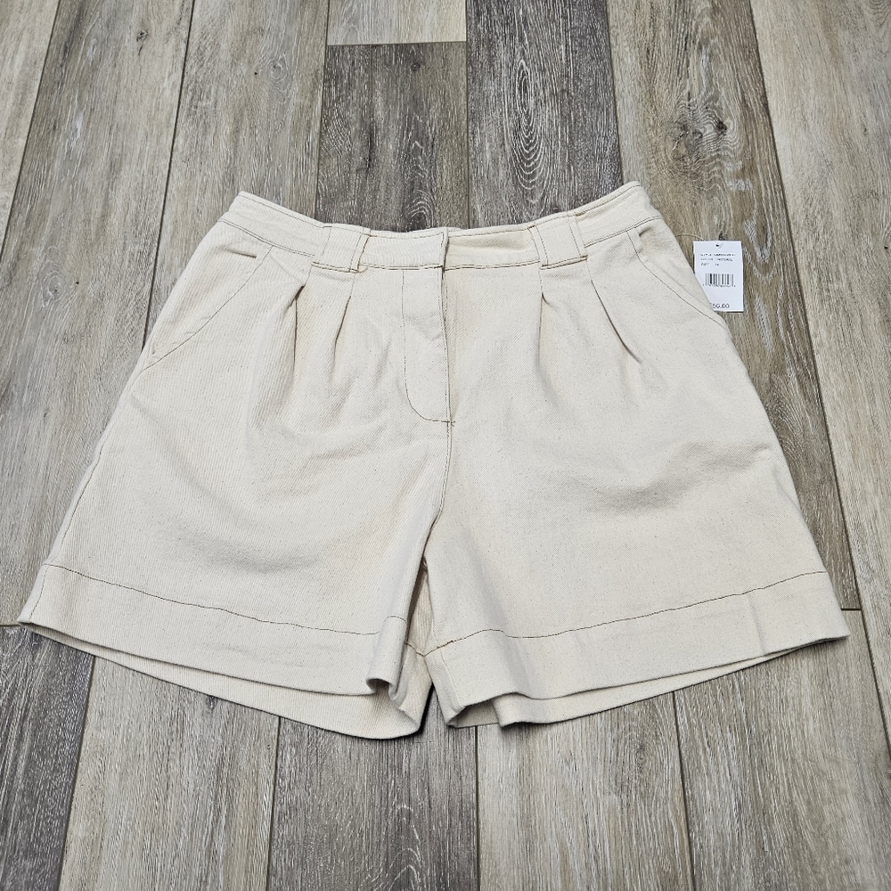 Mnk High Waist Blouson Denim Shorts Tan Cream Women's 16 Plus Neutral Classic